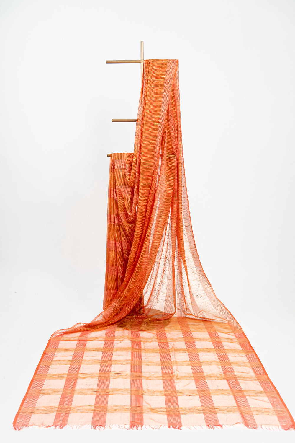 Terracotta Coral Ghicha Tussar Saree with Block Grid