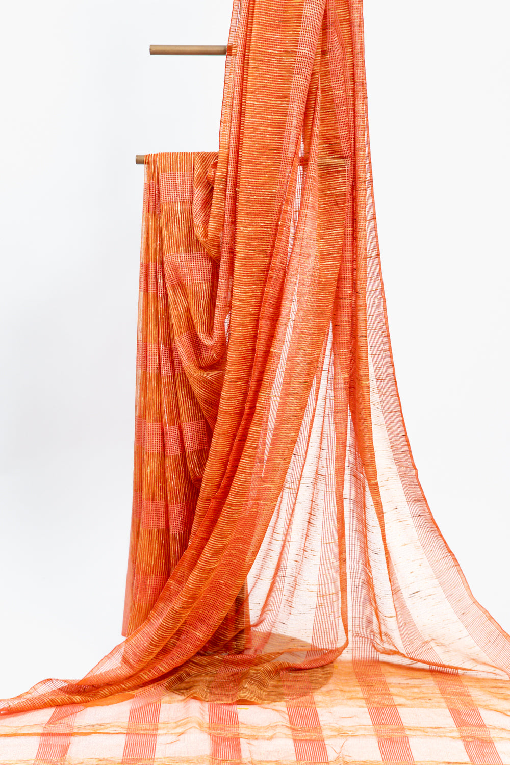 Terracotta Coral Ghicha Tussar Saree with Block Grid