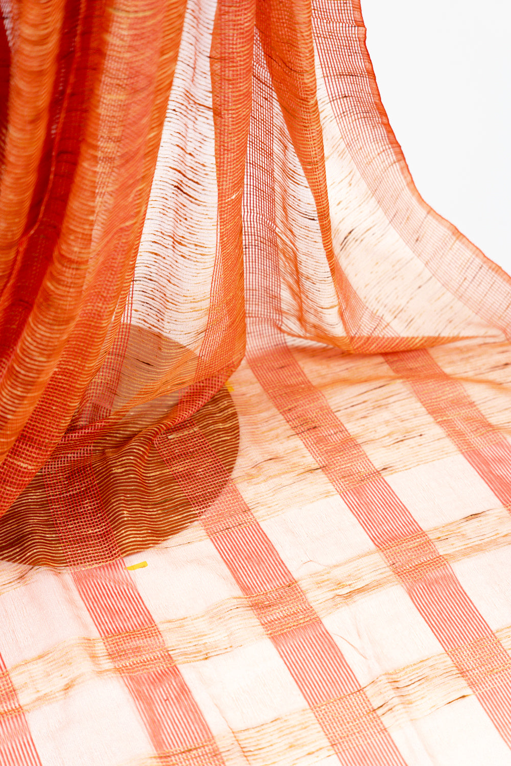 Terracotta Coral Ghicha Tussar Saree with Block Grid