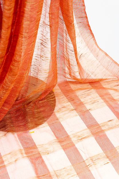 Terracotta Coral Ghicha Tussar Saree with Block Grid