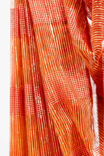 Tawny Orange Ghicha Tussar Saree with Gold Lines