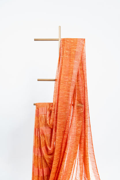 Terracotta Coral Ghicha Tussar Saree with Block Grid