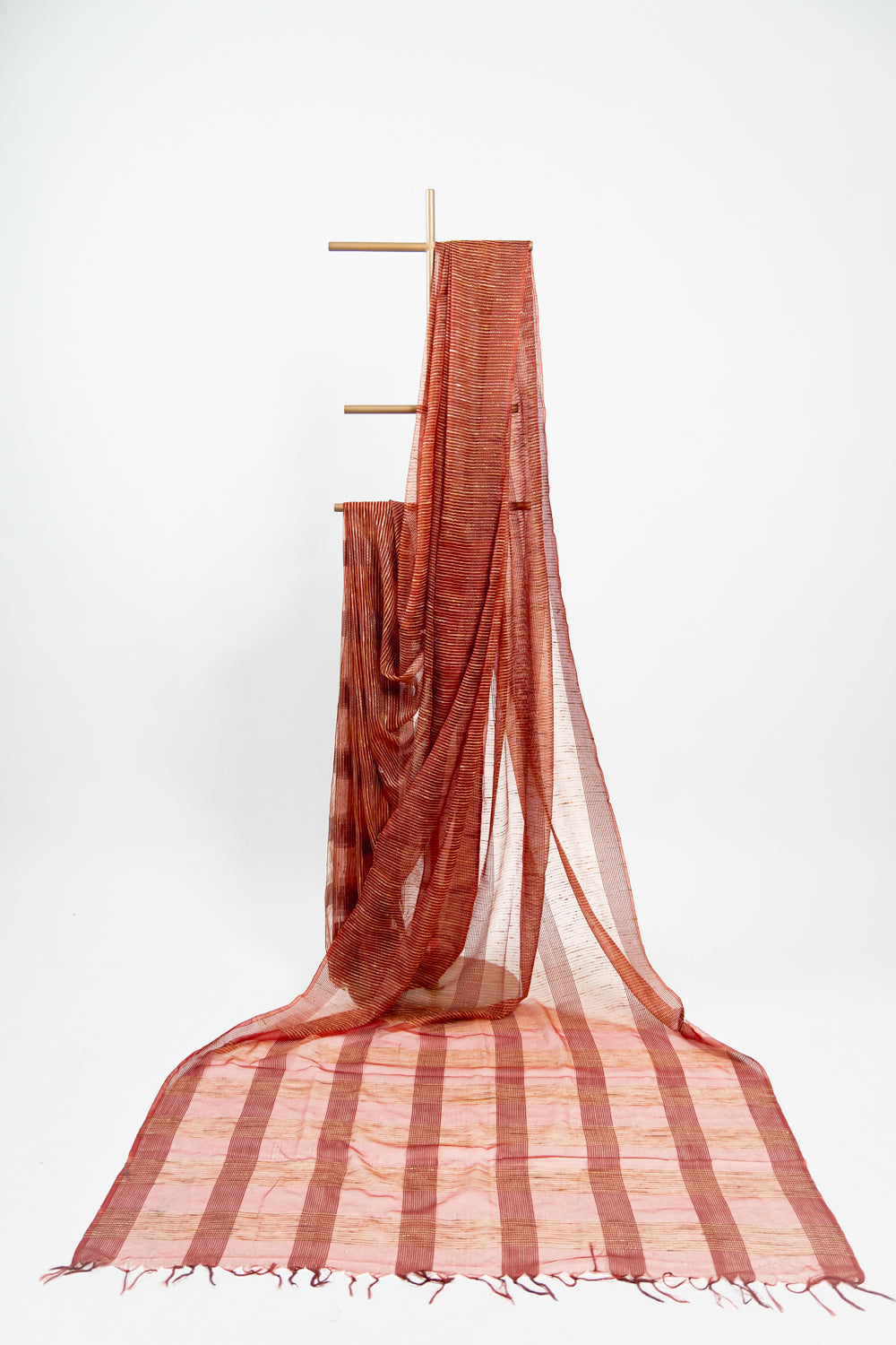 Fiery Scarlet Ghicha Tussar Saree with Gold Pinstripes