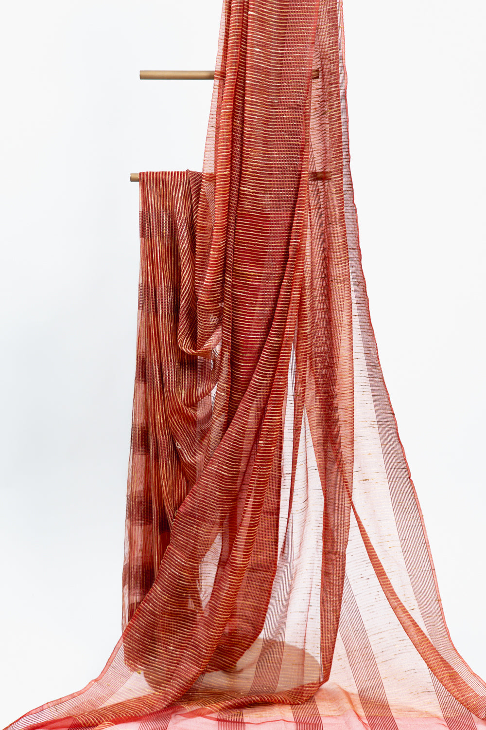 Fiery Scarlet Ghicha Tussar Saree with Gold Pinstripes