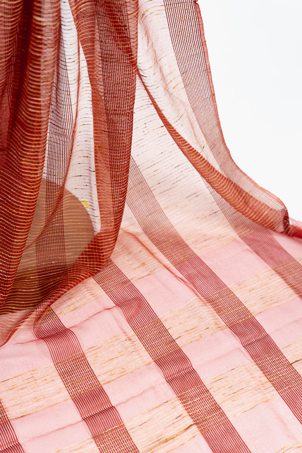Fiery Scarlet Ghicha Tussar Saree with Gold Pinstripes