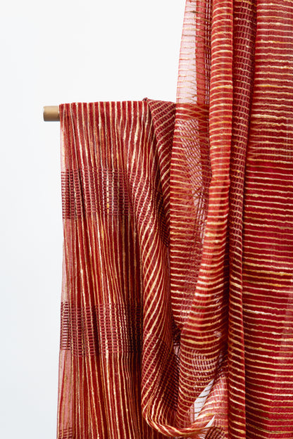 Fiery Scarlet Ghicha Tussar Saree with Gold Pinstripes