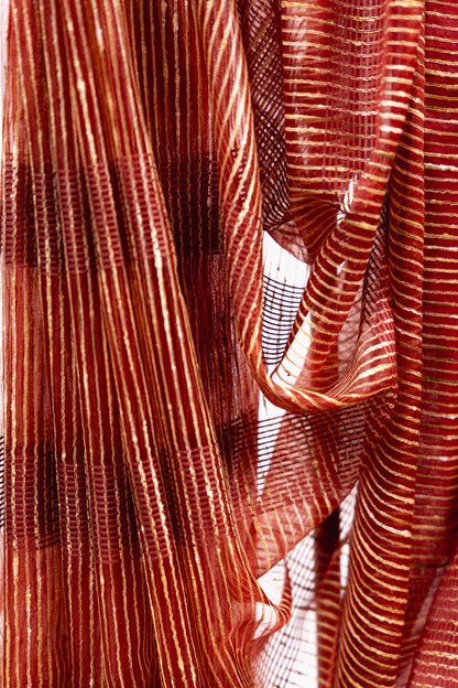 Fiery Scarlet Ghicha Tussar Saree with Gold Pinstripes