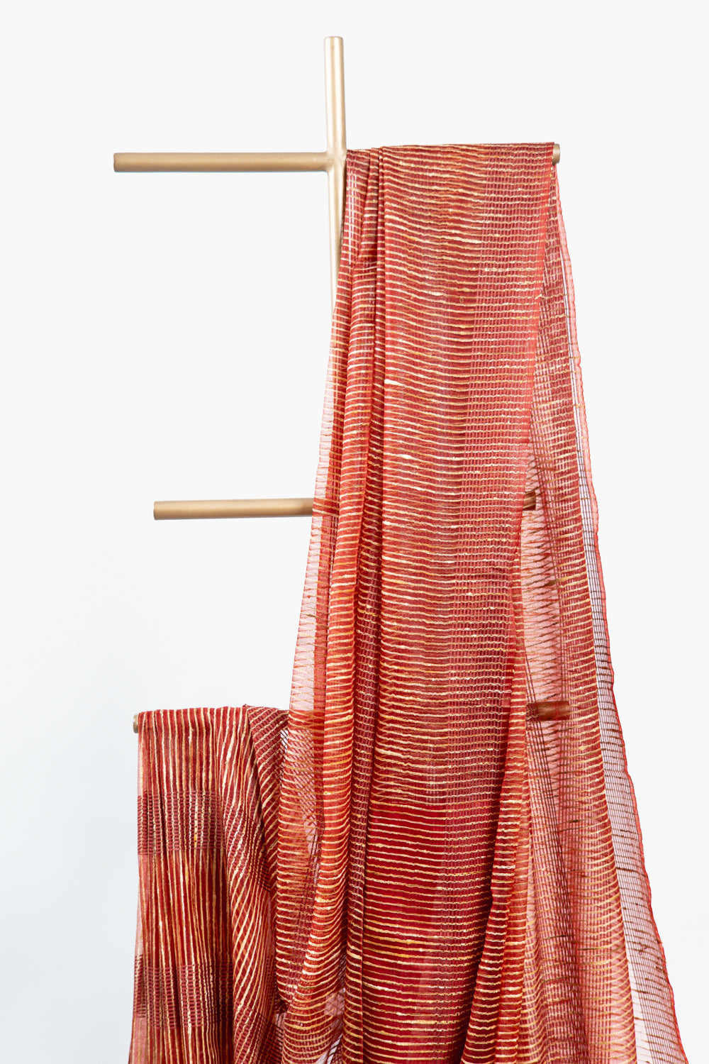 Fiery Scarlet Ghicha Tussar Saree with Gold Pinstripes