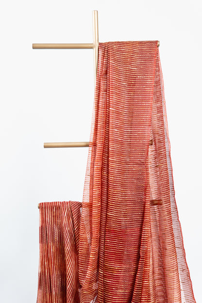 Fiery Scarlet Ghicha Tussar Saree with Gold Pinstripes