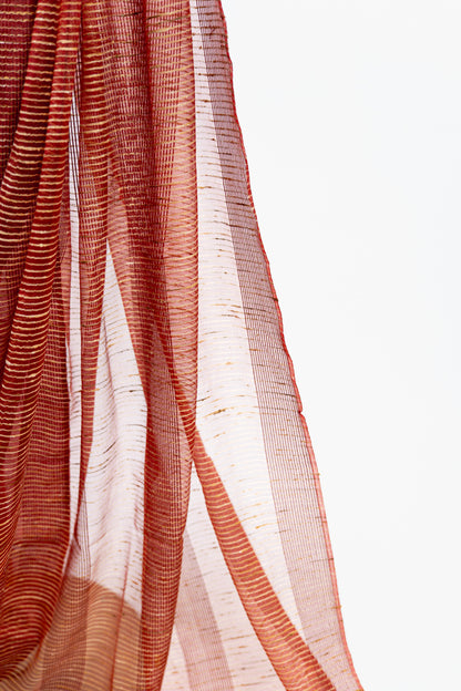 Fiery Scarlet Ghicha Tussar Saree with Gold Pinstripes