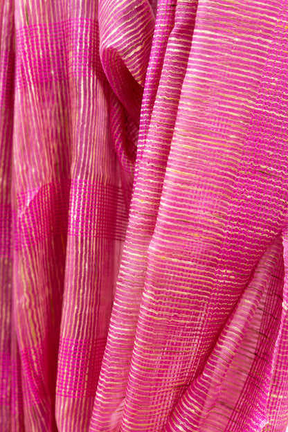 Bright Magenta Ghicha Tussar Saree with Colour Panels