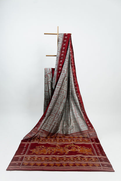 Metallic Grey Khandua Silk Saree with Crimson Ikat Grid
