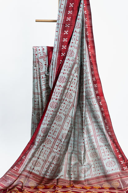Metallic Grey Khandua Silk Saree with Crimson Ikat Grid