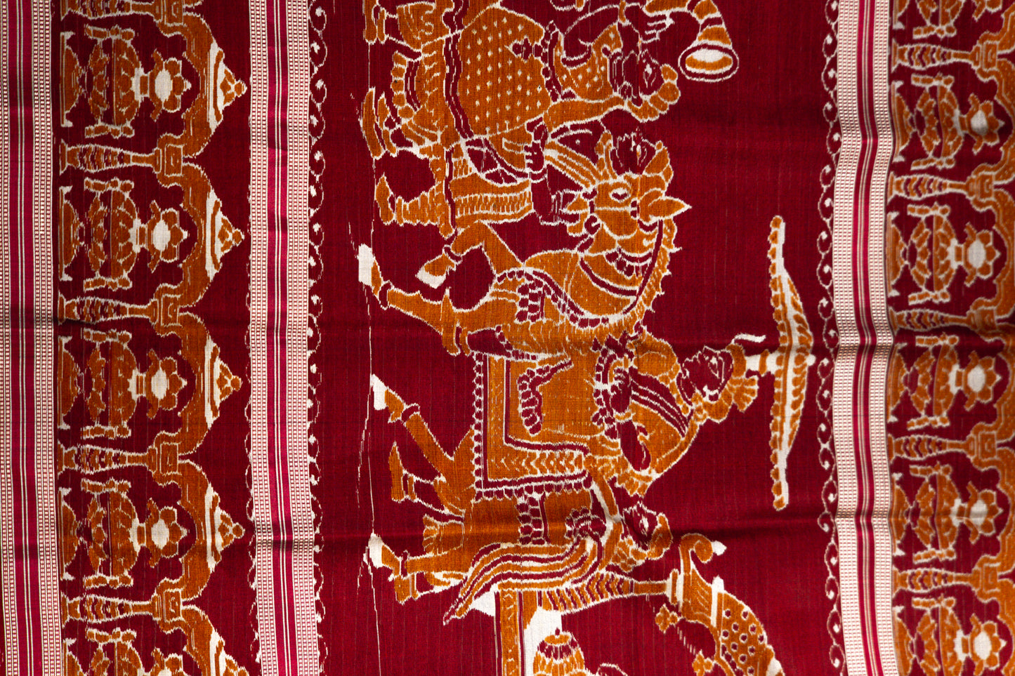 Metallic Grey Khandua Silk Saree with Crimson Ikat Grid