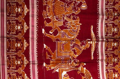 Metallic Grey Khandua Silk Saree with Crimson Ikat Grid