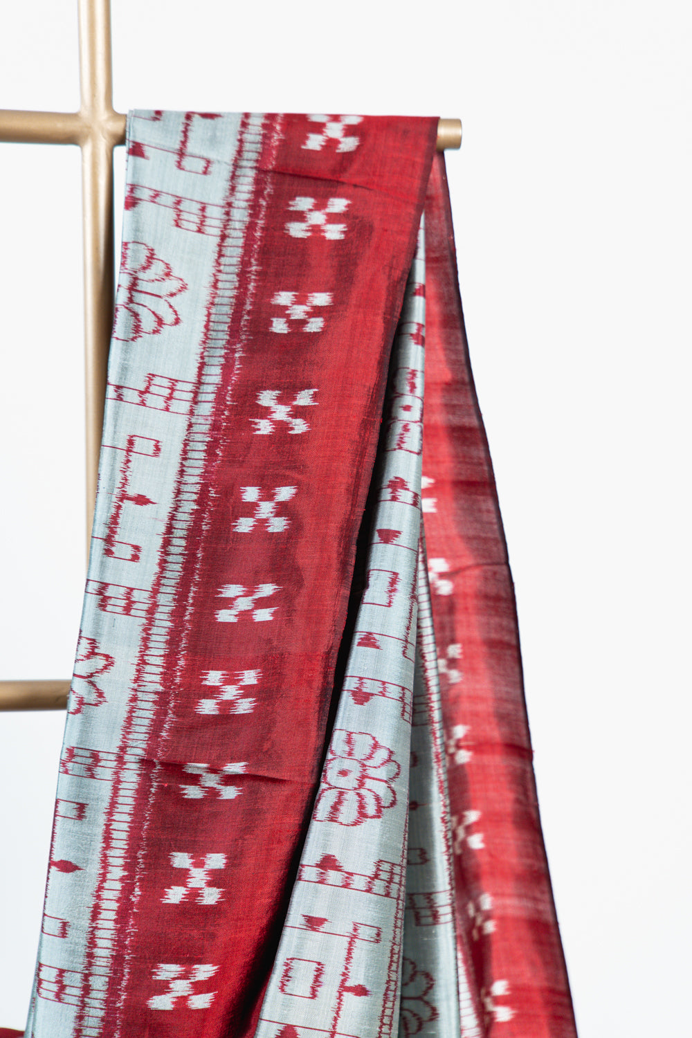 Metallic Grey Khandua Silk Saree with Crimson Ikat Grid