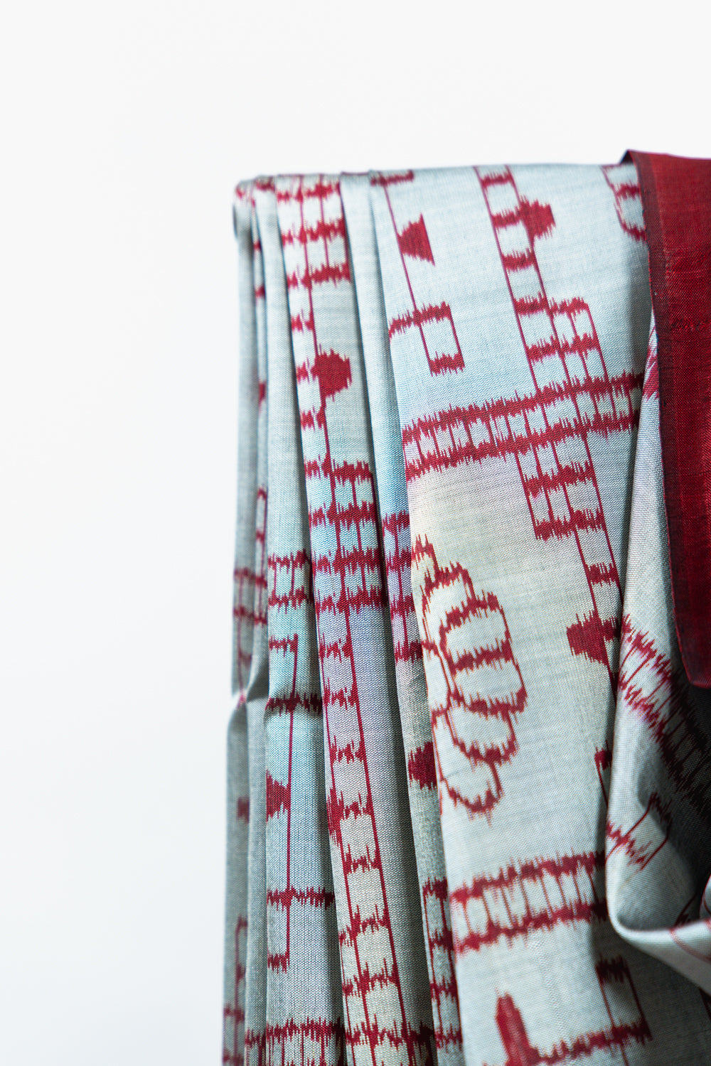 Metallic Grey Khandua Silk Saree with Crimson Ikat Grid