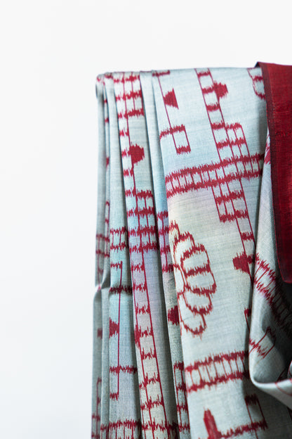 Metallic Grey Khandua Silk Saree with Crimson Ikat Grid
