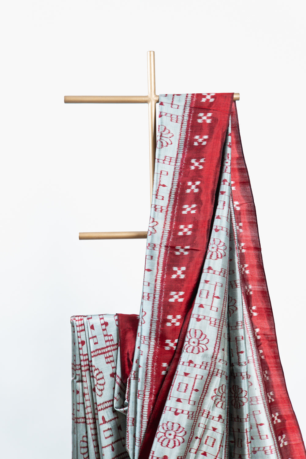 Metallic Grey Khandua Silk Saree with Crimson Ikat Grid