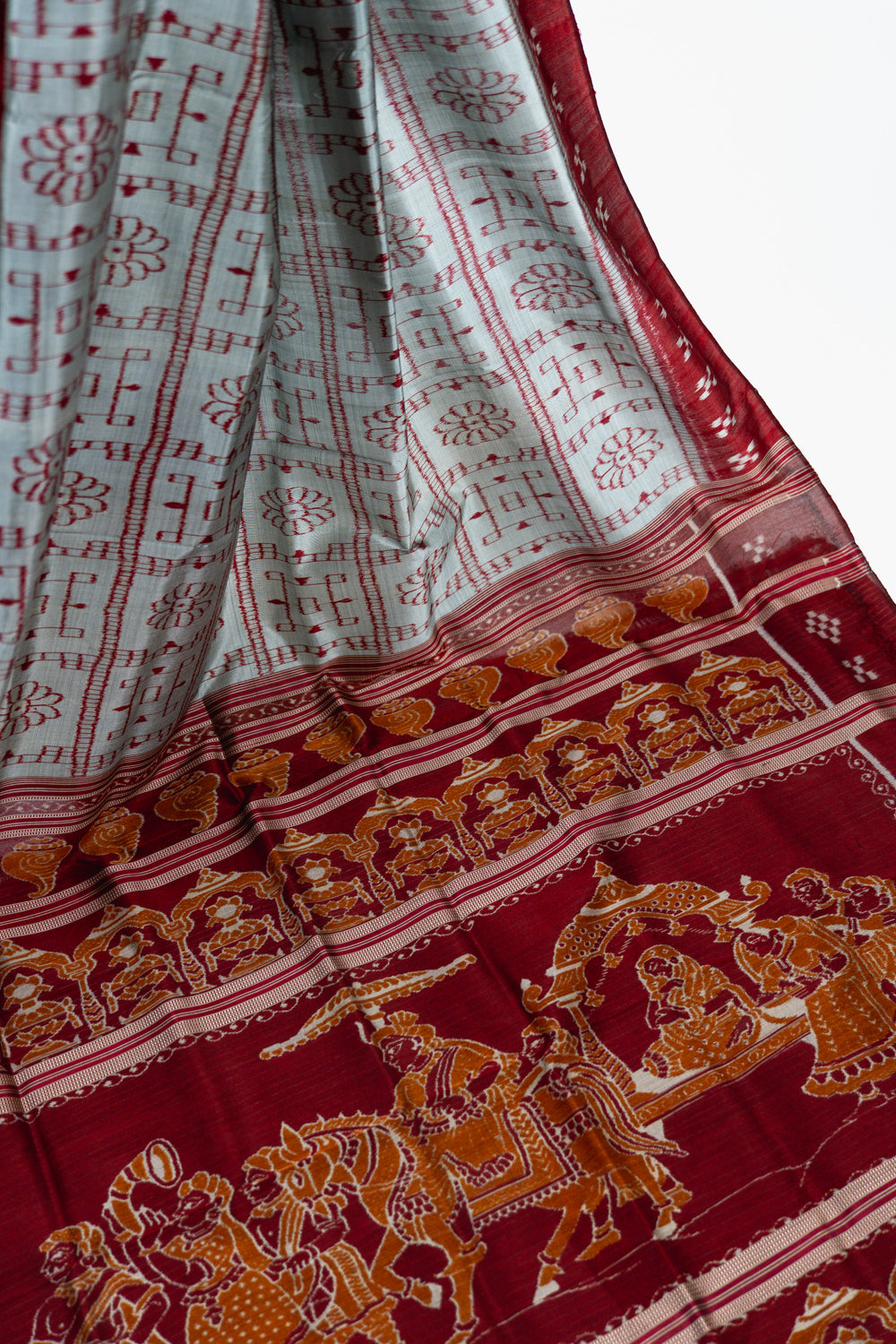 Metallic Grey Khandua Silk Saree with Crimson Ikat Grid