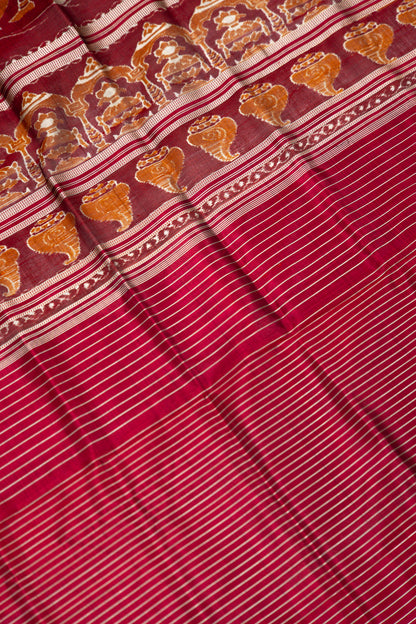 Metallic Grey Khandua Silk Saree with Crimson Ikat Grid