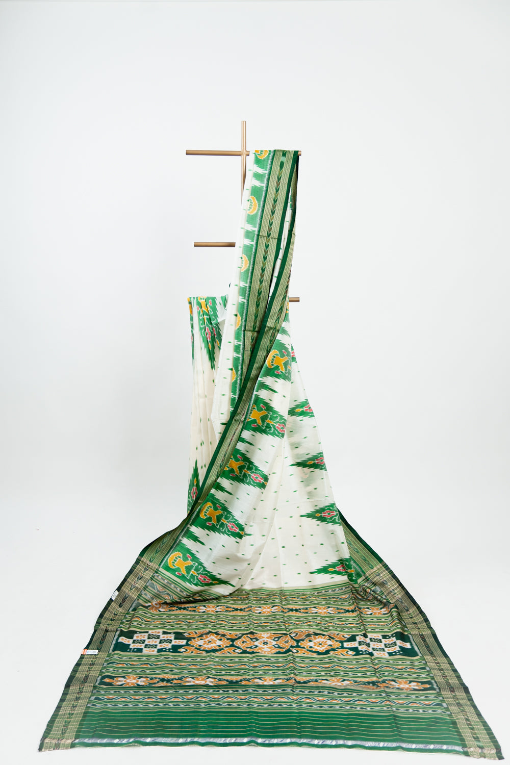 Off-White Khandua Silk Saree with Green Tree Ikat Motifs