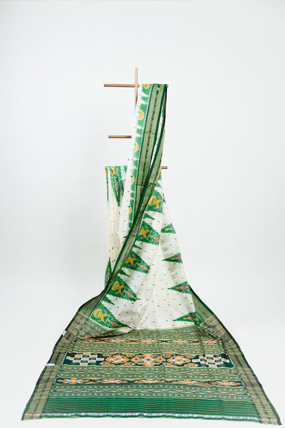 Off-White Khandua Silk Saree with Green Tree Ikat Motifs