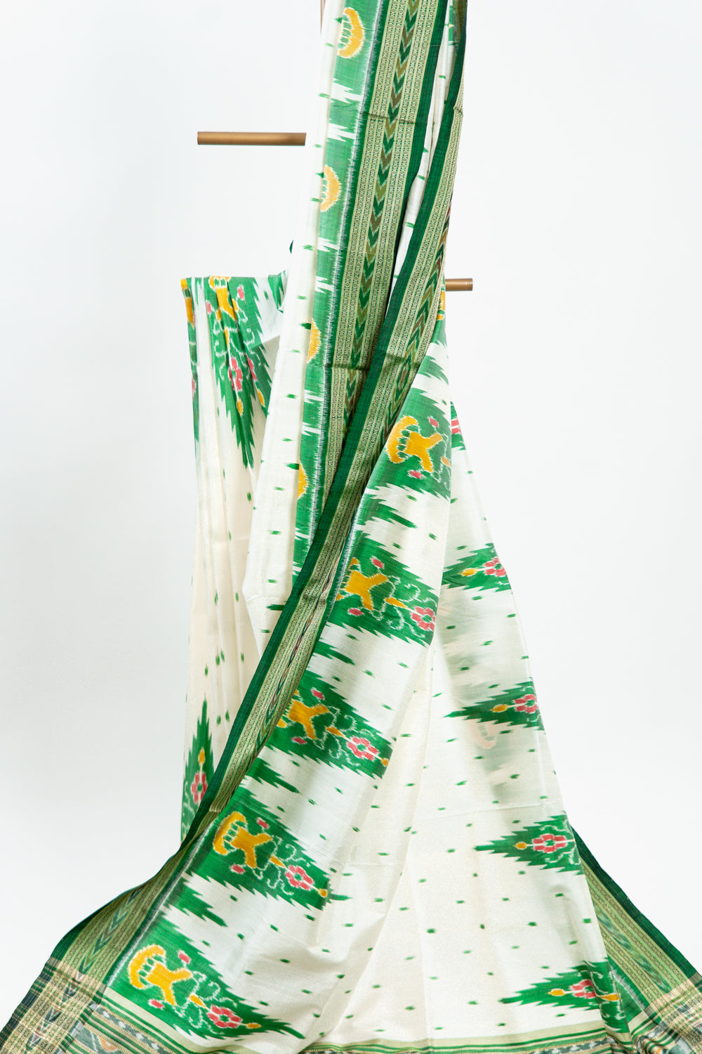 Off-White Khandua Silk Saree with Green Tree Ikat Motifs