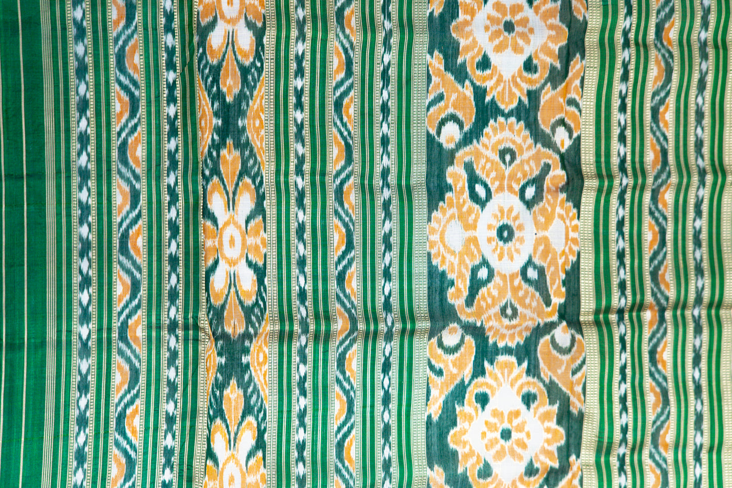 Off-White Khandua Silk Saree with Green Tree Ikat Motifs