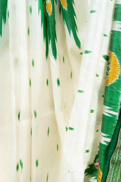 Off-White Khandua Silk Saree with Green Tree Ikat Motifs