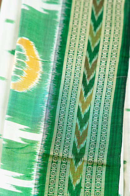 Off-White Khandua Silk Saree with Green Tree Ikat Motifs