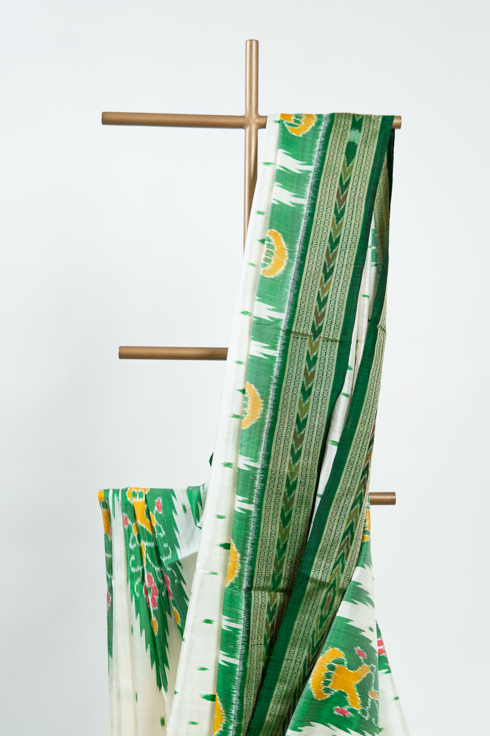 Off-White Khandua Silk Saree with Green Tree Ikat Motifs