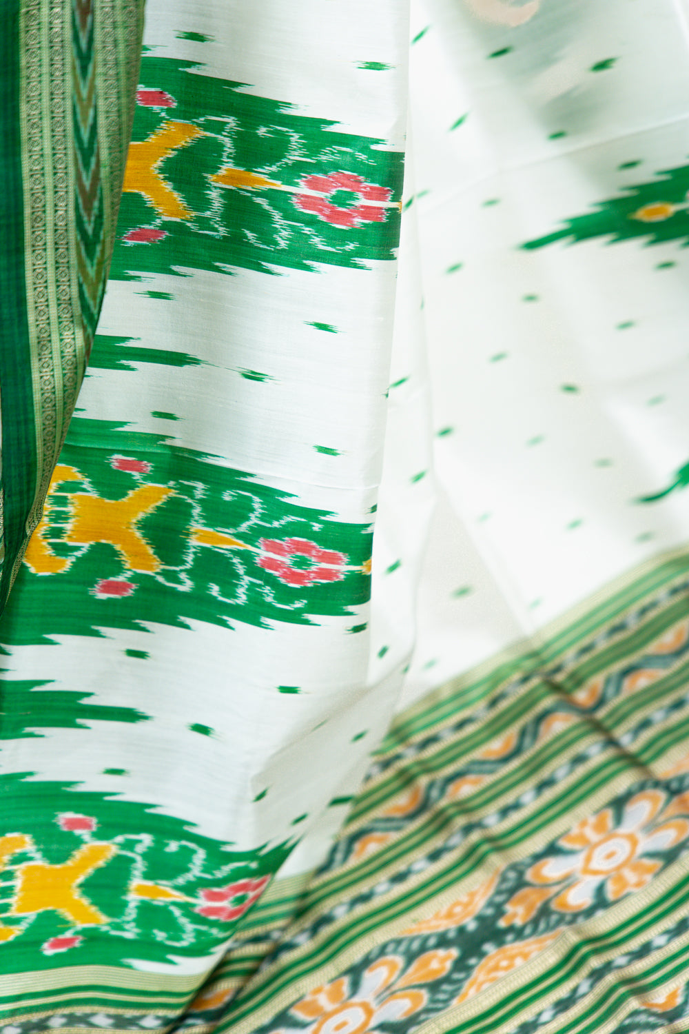 Off-White Khandua Silk Saree with Green Tree Ikat Motifs