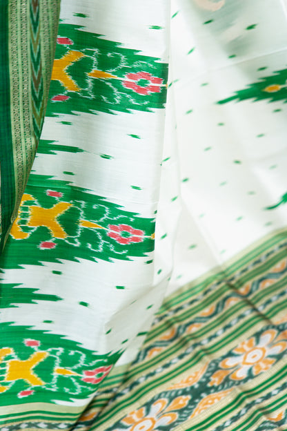 Off-White Khandua Silk Saree with Green Tree Ikat Motifs