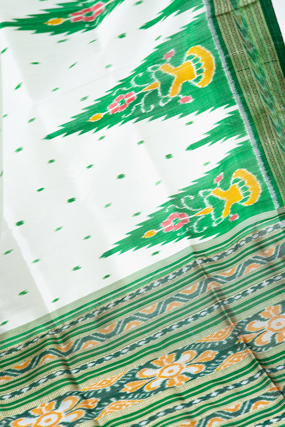 Off-White Khandua Silk Saree with Green Tree Ikat Motifs