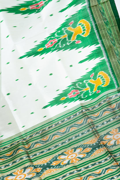 Off-White Khandua Silk Saree with Green Tree Ikat Motifs
