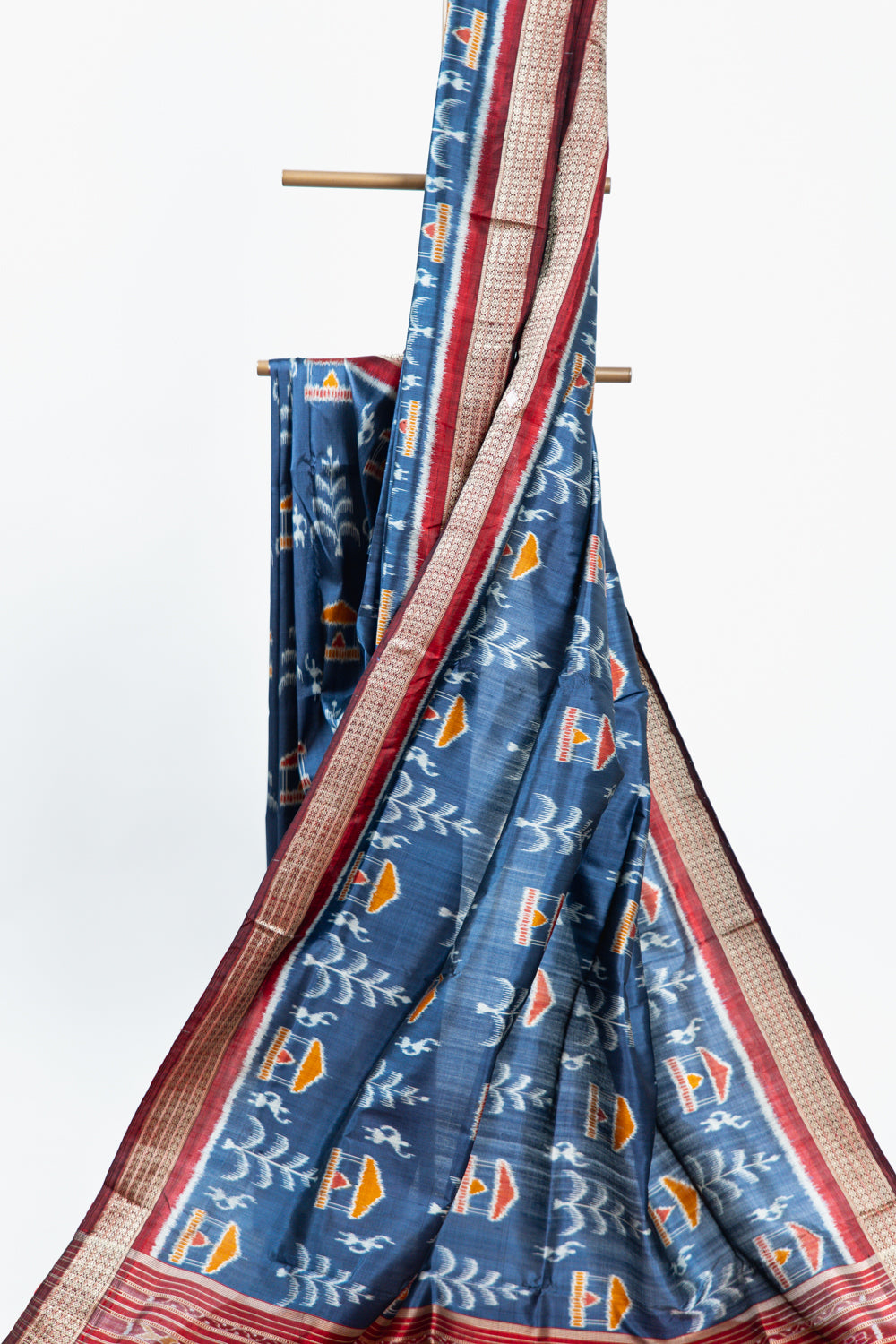 Slate Blue Khandua Silk Saree with Tree of Life & Kalasa Motifs