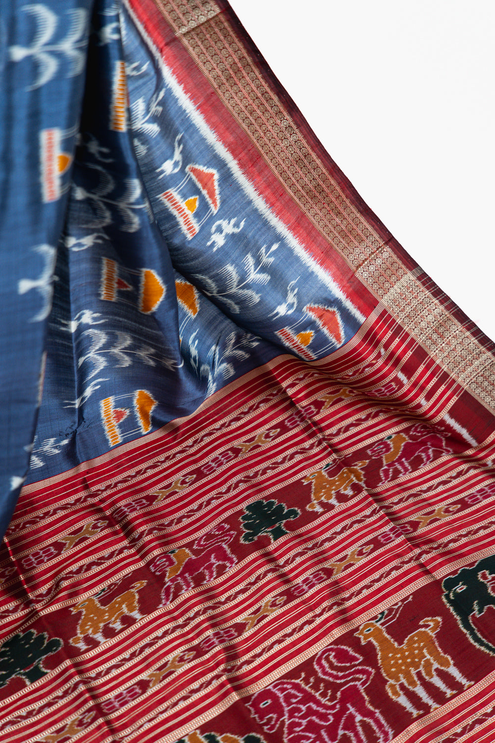 Slate Blue Khandua Silk Saree with Tree of Life & Kalasa Motifs