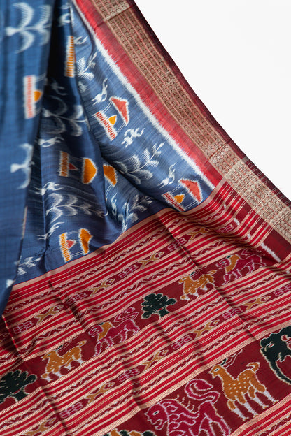 Slate Blue Khandua Silk Saree with Tree of Life & Kalasa Motifs