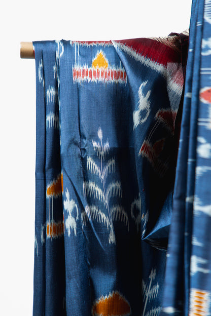 Slate Blue Khandua Silk Saree with Tree of Life & Kalasa Motifs