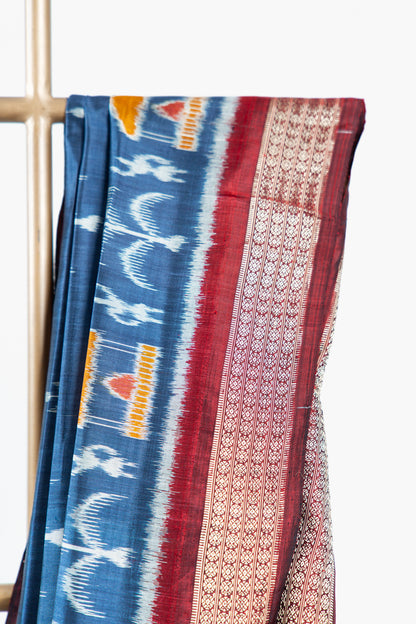 Slate Blue Khandua Silk Saree with Tree of Life & Kalasa Motifs