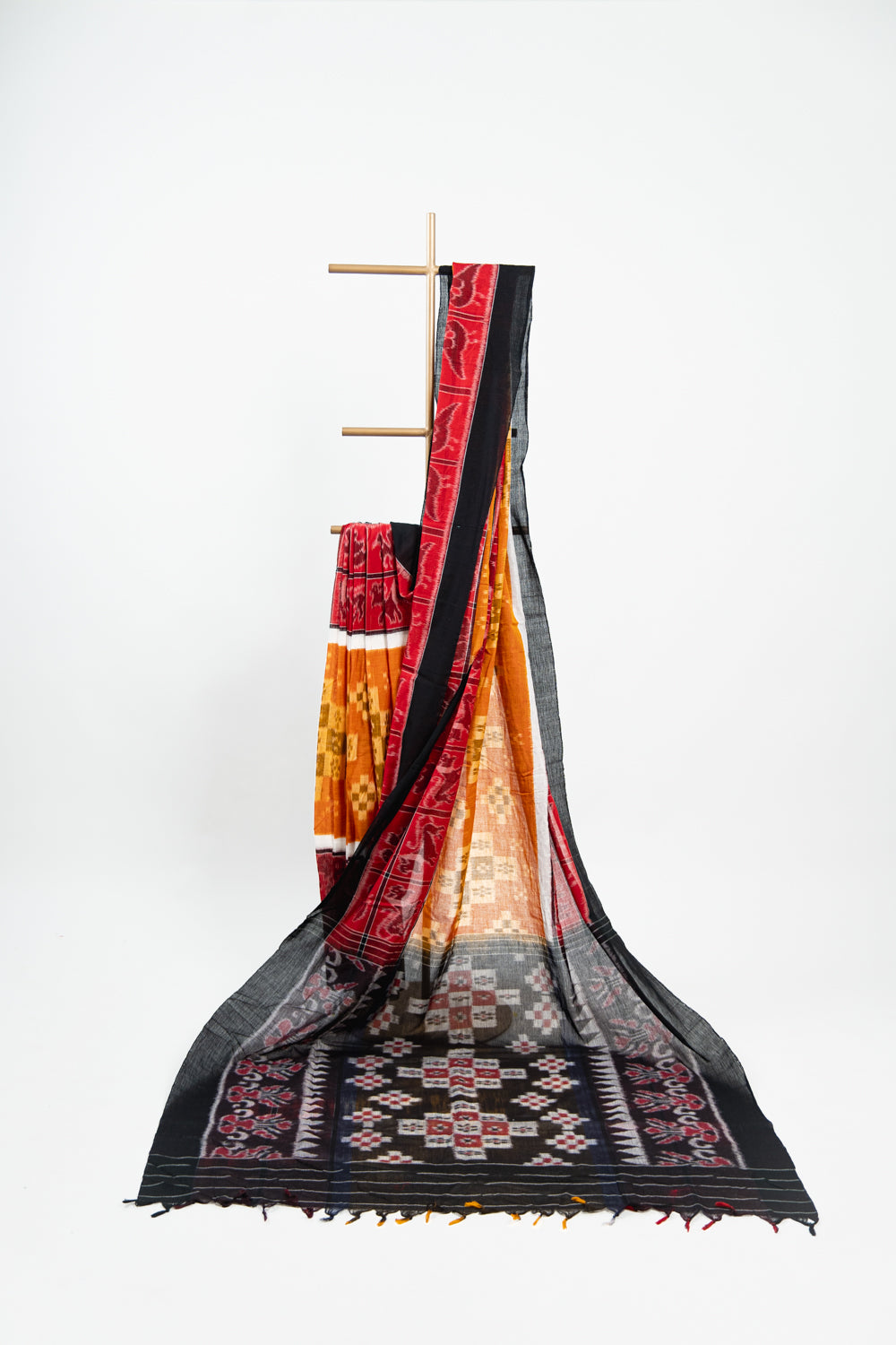 Rust Orange & Mustard Sambalpuri Cotton Saree with Geometric & Animal Ikat Motifs