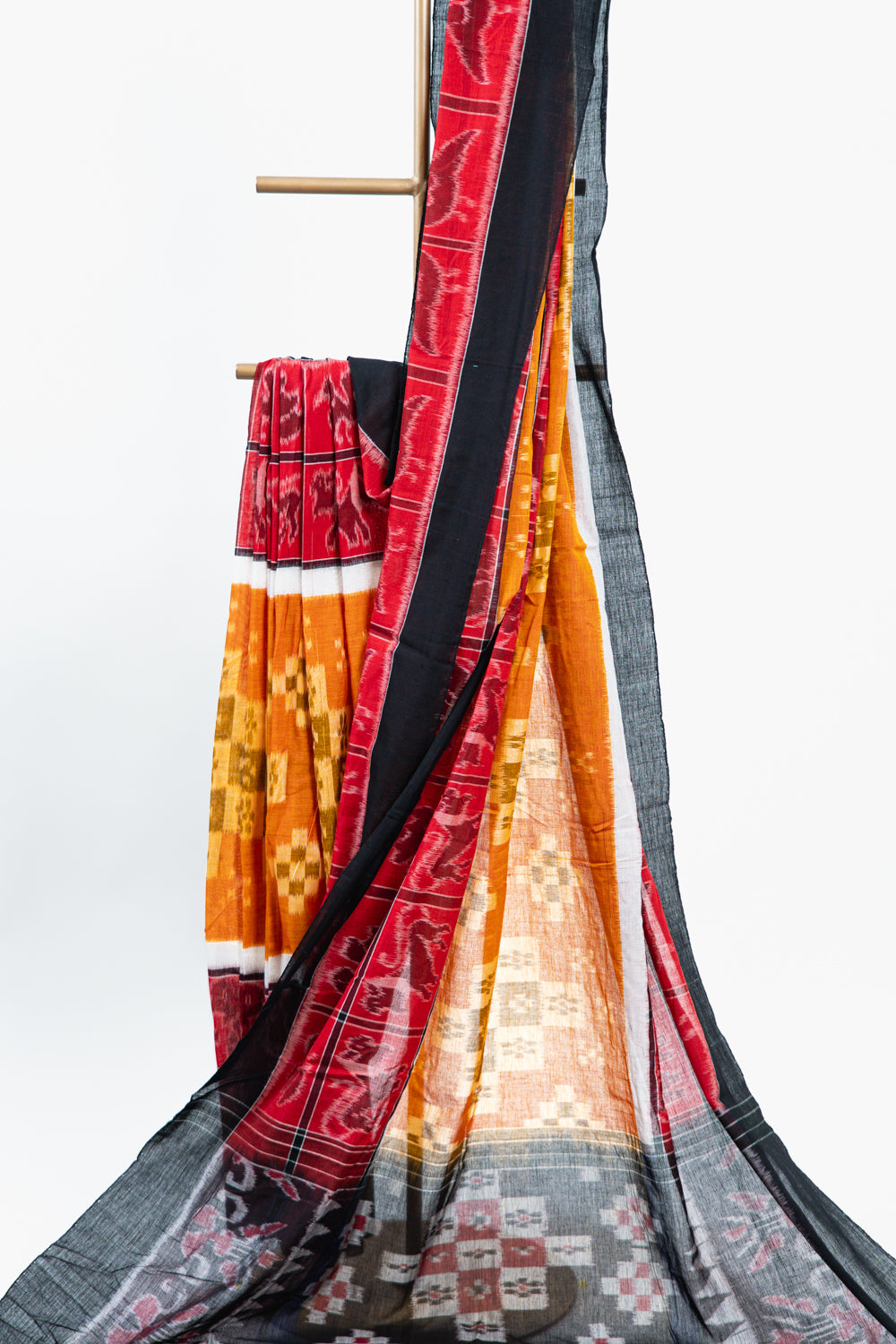 Rust Orange & Mustard Sambalpuri Cotton Saree with Geometric & Animal Ikat Motifs