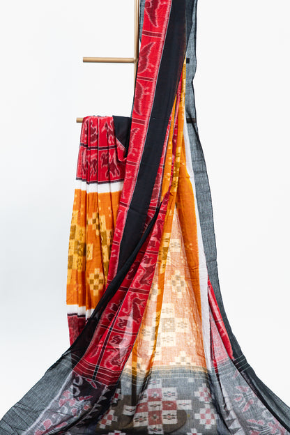 Rust Orange & Mustard Sambalpuri Cotton Saree with Geometric & Animal Ikat Motifs