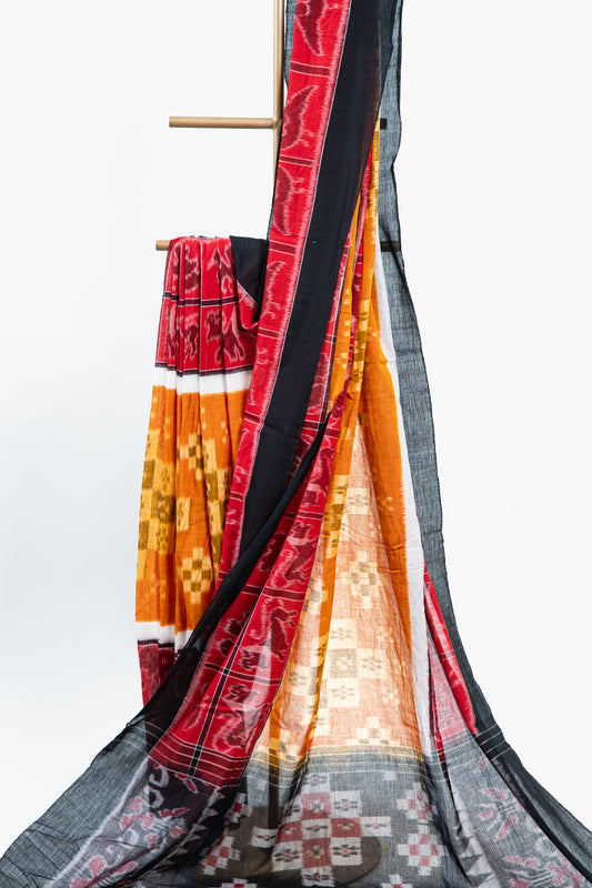 Rust Orange & Mustard Sambalpuri Cotton Saree with Geometric & Animal Ikat Motifs