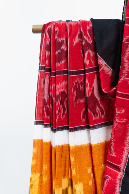 Rust Orange & Mustard Sambalpuri Cotton Saree with Geometric & Animal Ikat Motifs