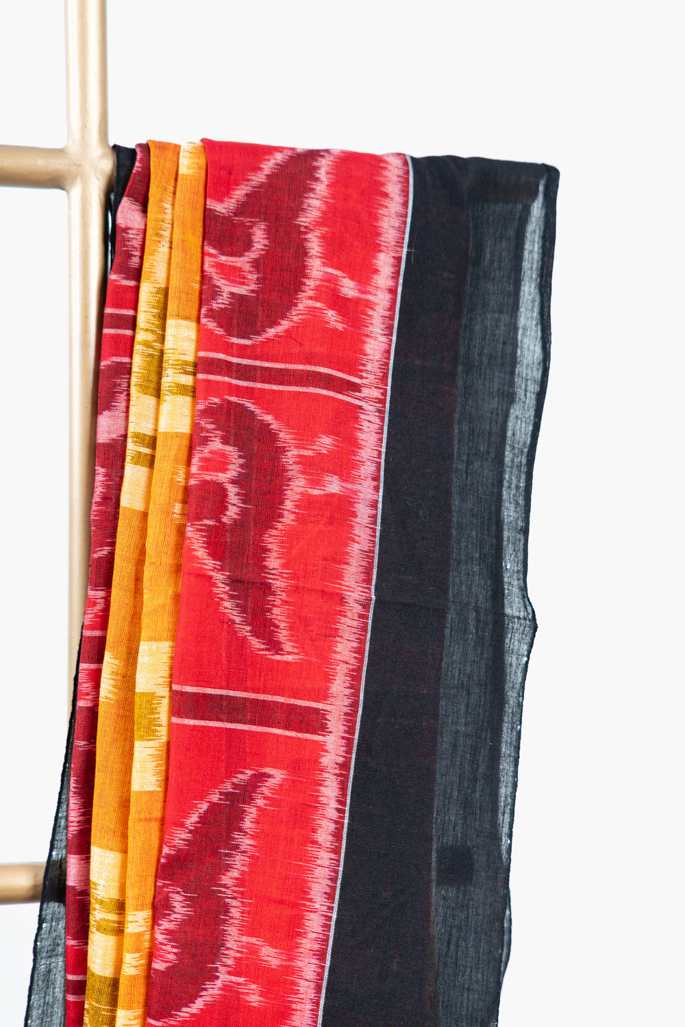 Rust Orange & Mustard Sambalpuri Cotton Saree with Geometric & Animal Ikat Motifs