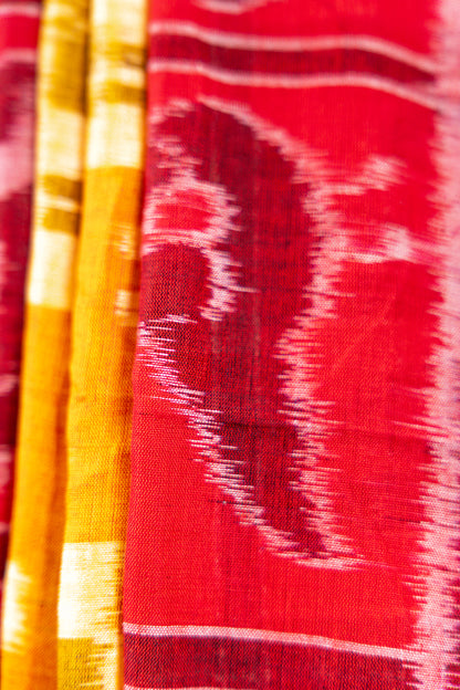 Rust Orange & Mustard Sambalpuri Cotton Saree with Geometric & Animal Ikat Motifs
