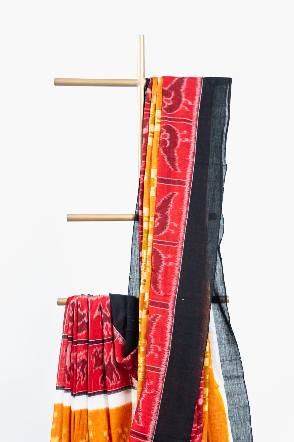 Rust Orange & Mustard Sambalpuri Cotton Saree with Geometric & Animal Ikat Motifs