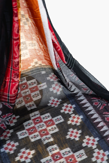 Rust Orange & Mustard Sambalpuri Cotton Saree with Geometric & Animal Ikat Motifs
